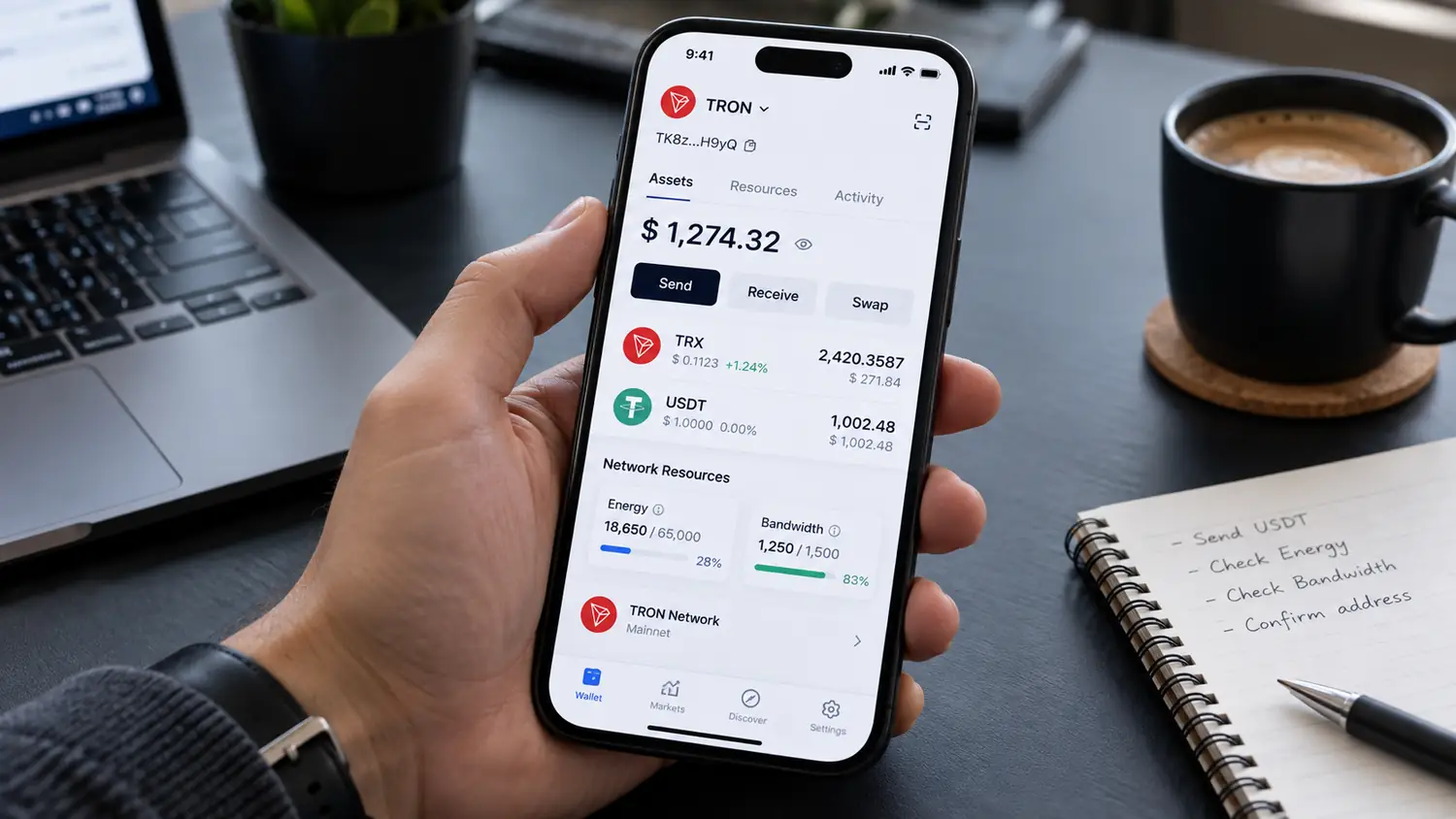 نمایش Energy و Bandwidth شبکه ترون در کیف پول برای انتقال تتر TRC20