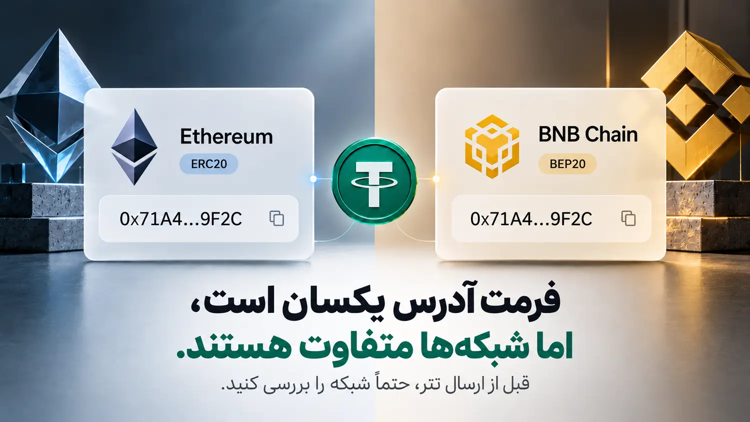 تفاوت شبکه ERC20 و BEP20 با وجود شباهت فرمت آدرس کیف پول در انتقال تتر