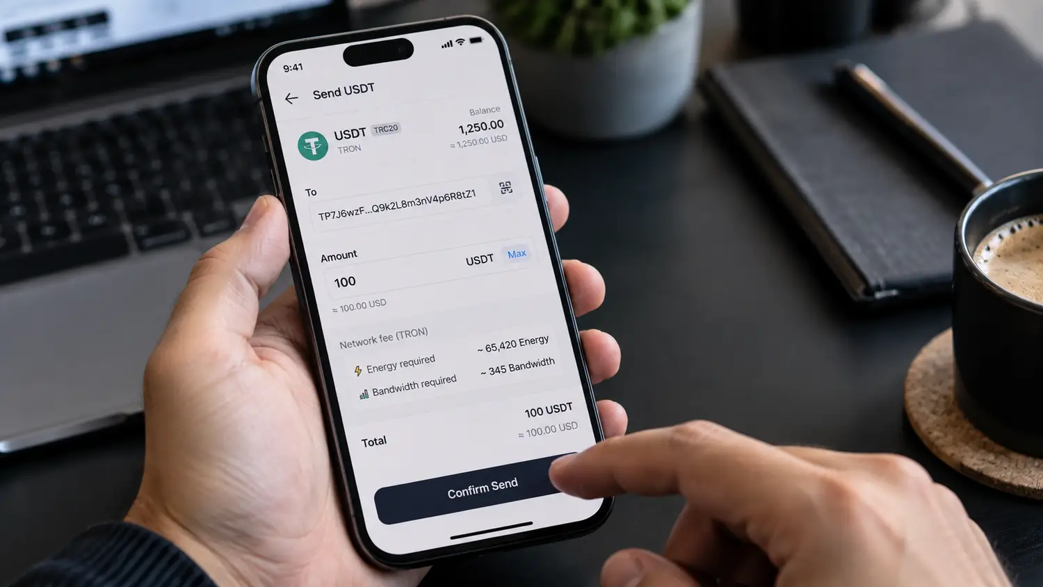 صفحه انتقال تتر TRC20 با نمایش Energy و Bandwidth موردنیاز تراکنش